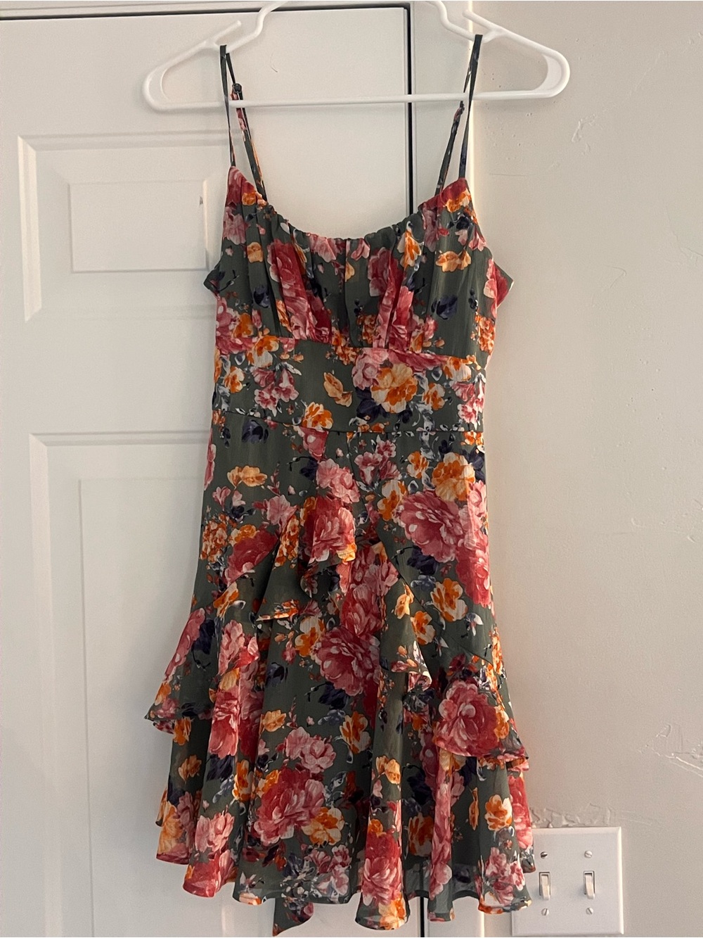 Trixxi Olive Floral Mini Dress with Pink & Orange Blooms